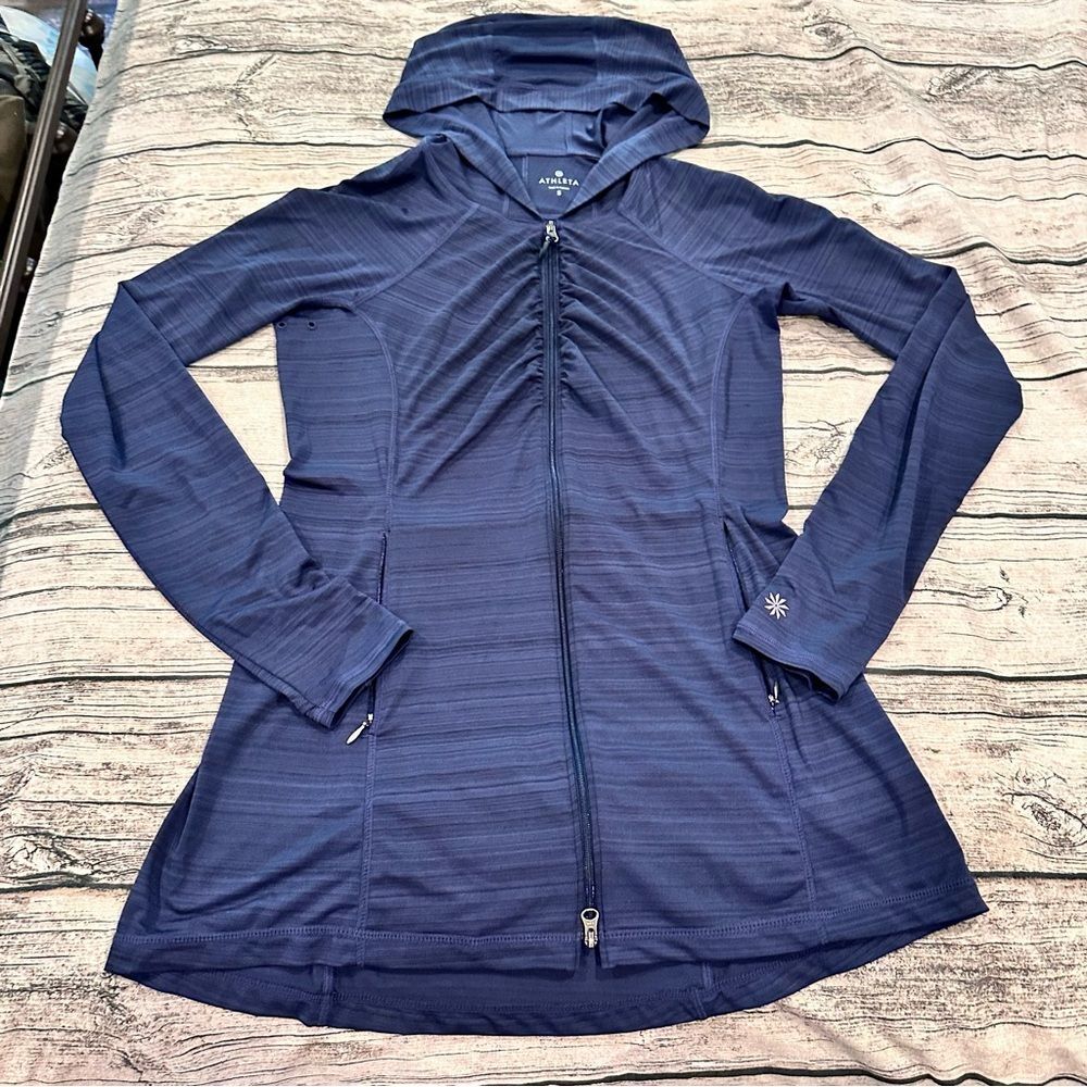 Athleta Navy Activewear Full Zip Hooded Jacket with Double Zipper Size Small